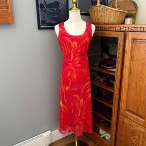 Vintage 90s Red Tropical Print Midi Dress